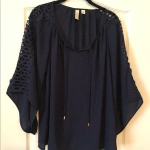 Blue blouse, bell sleeves, tie front